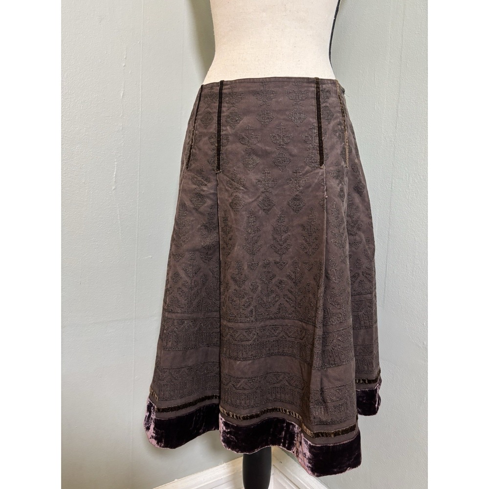 Cynthia Steffe Size 8 Brown Embroidered Midi Skirt Velvet Trim Whimsigoth Boho